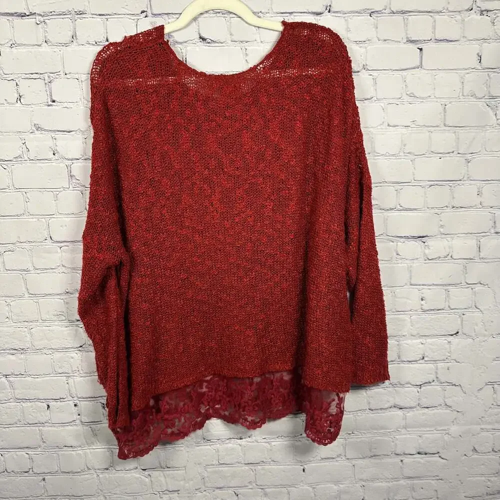 Olivia Sky Womens Lace Shoulder Blouse Flair Crimson Long Sleeve Shirt Size M - Picture 3 of 7